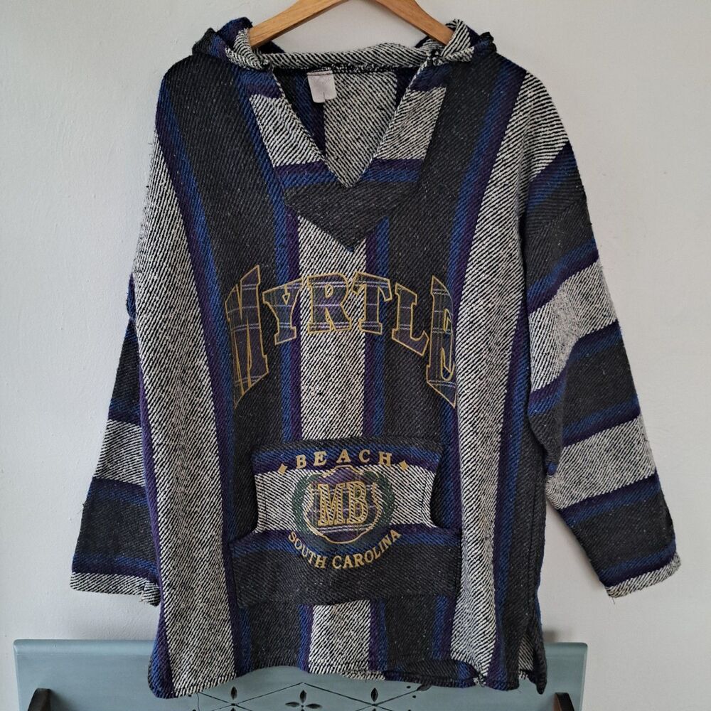Myrtle Beach South Carolina XL Drug Rug Baha Hoodie Striped Women's Vintage Blue